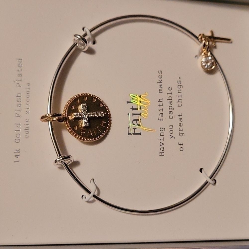 FAITH bracelet.  14k gold finish plated with cubic zirconia jewel.  Has 3 charms